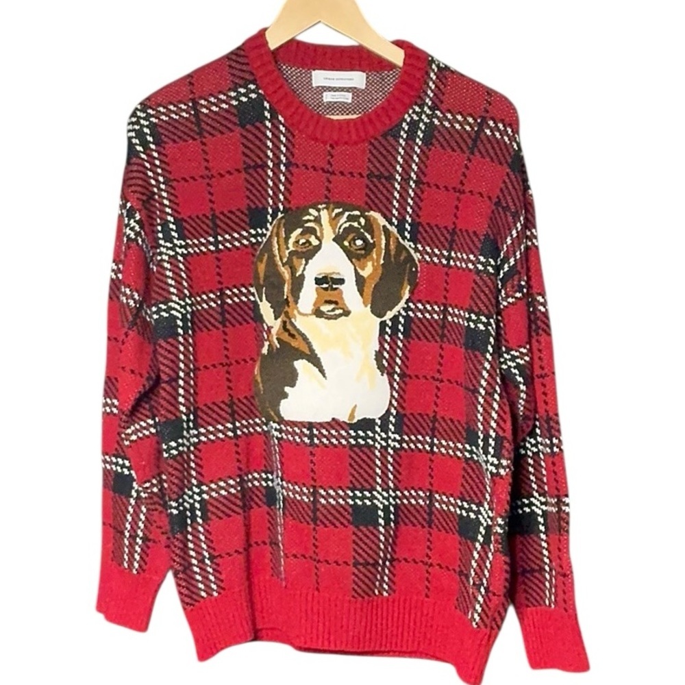 Urban Outfitters Red Checkered Crewneck Sweater with Dog Design